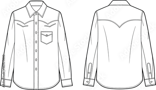 Front and back view of long-sleeved shirt, technical drawing, pointed collar, button-down front, chest pocket, stitching details, fashion sketch, garment design, apparel template.