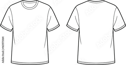 Front and back view of plain T-shirt, black and white line drawing, short sleeves, round neckline, stitching details, fashion sketch, clothing design, apparel template.