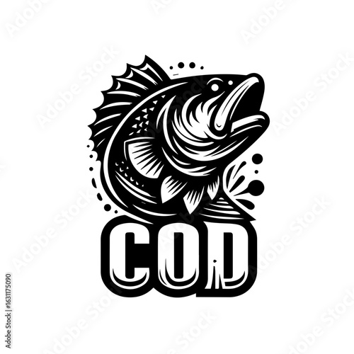 Cod fish graphic design with bold lettering isolated on white background
