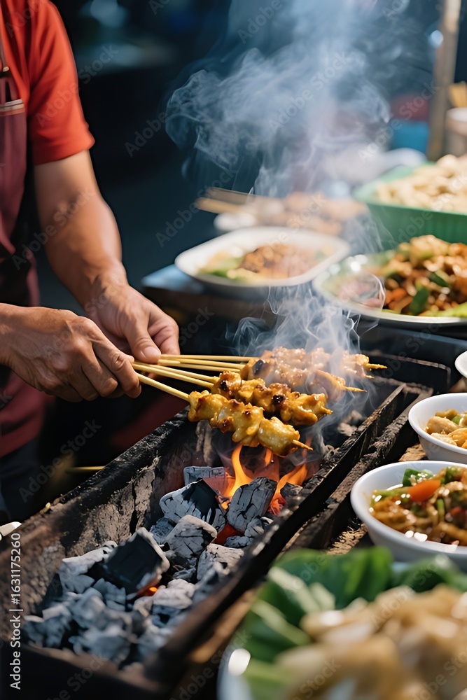 Fototapeta premium a street vendor grilling sate over charcoal with smoke rising