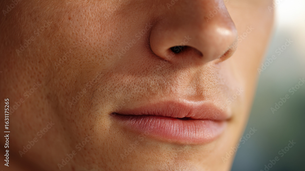 Fototapeta premium A close-up of the mouth, showing fine details of the texture of the lips and tanned skin. 