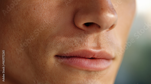 A close-up of the mouth, showing fine details of the texture of the lips and tanned skin. 