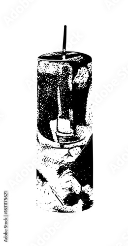 Vector Black and white of a fizzy drink with ice and straw.