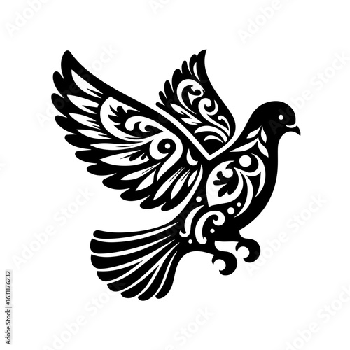 Ornate dove in flight isolated on white background, a symbol of peace