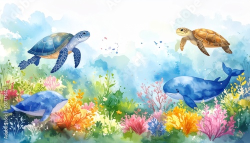 A set of sea animals. Blue watercolor ocean fish, turtle, whale, and coral. Shell aquarium background. Nautical marine hand-painted illustration.