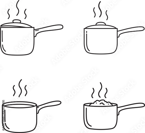 Four cooking pots with steam, symbolizing kitchen utensils and the process of preparing food