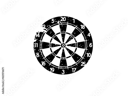 Vector Gritty black silhouette of a classic dartboard with numbered segments.