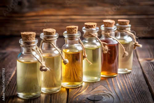 Wallpaper Mural Photo of a row of small glass bottles containing different colored liquids, likely essential oils or essences, are displayed on a rustic wooden surface, each with a cork stopper and twine Torontodigital.ca