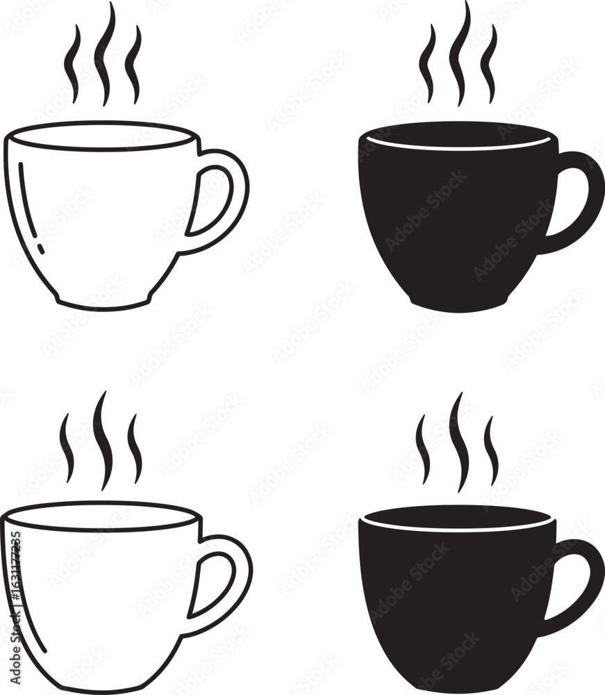 Obraz premium Set of four coffee cups with steam, two black and two white, isolated on white background