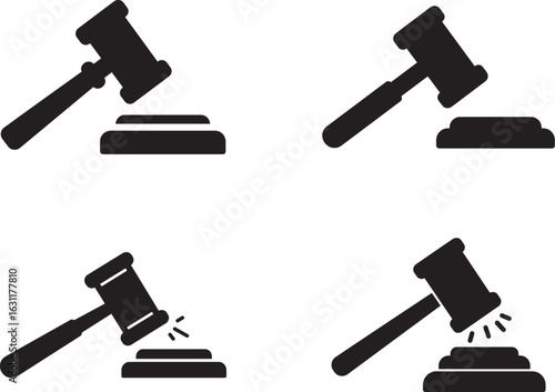 Four black gavel icons isolated on white background representing law and justice