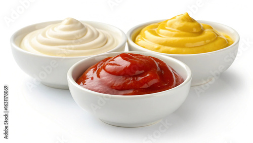 Ketchup mayonnaise and mustard in white bowls isolated on white background – food condiment JPG image