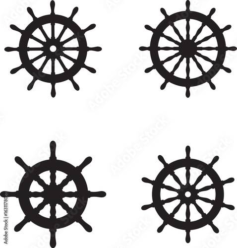 Four black ship wheel icons isolated on white background for nautical and travel themes