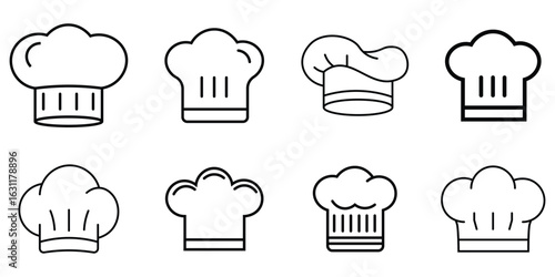 Chef hat vector icon set. Restaurant sign and symbol. Cookers cap icon set. Restaurant uniform, chef profession mascot. Vector illustration. 