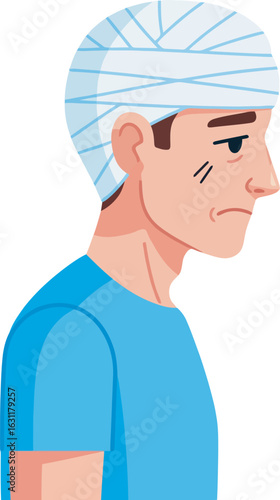 Sad injured man in profile with a bandaged head and a facial cut.