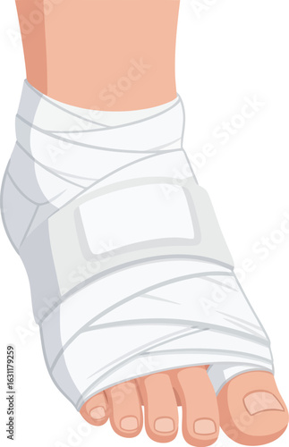 Cartoon illustration of an injured foot wrapped in a white elastic medical bandage.