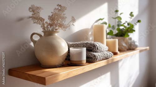 Wallpaper Mural Close-up of a stylish wooden shelf with handmade pottery, candles, and textured fabrics in a sunlit loft apartment  Torontodigital.ca