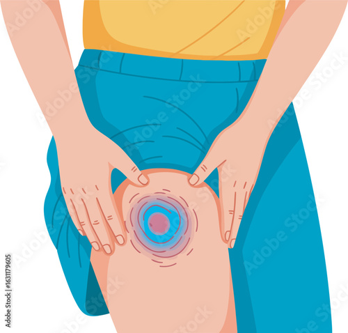 A persons hands holding a painful knee joint with a colorful circular bruise indicating inflammation.