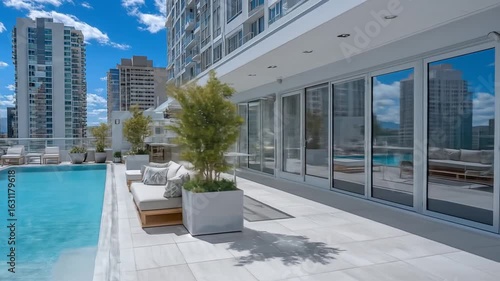 Turquoise Rooftop Pool Surrounded by Modern Architecture and Urban Skyline Under a Bright Blue Sky with White Clouds on a Sunny Day