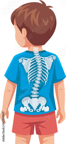 Rear view of a cartoon boy with an anatomical illustration of his spine and skeleton.
