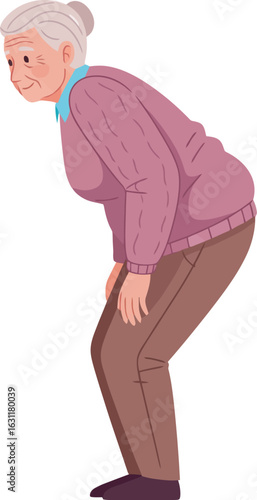 Illustration of an old lady with grey hair in a bun hunched over in a purple sweater.