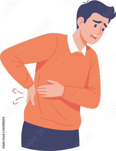 Young man in an orange sweater holding his lower back suffering from acute backache with a pained expression.