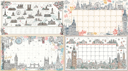Creative illustrated calendar templates with London landmarks in a hand-drawn style, combining city views and functional space for planning and organizing.

