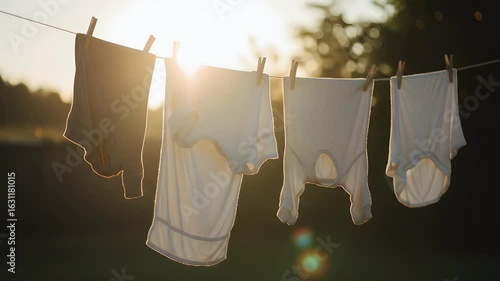Clothes Drying on Clothesline at Sunset in Rural Setting