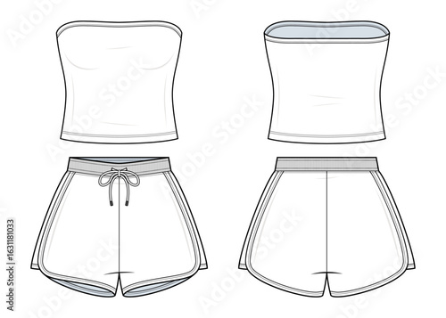 Tube Top and Shorts Co-Ord Set Technical Fashion Illustration. Strapless Bandeau Crop Top with Drawstring Shorts vector template. Front and Back View. Minimalist Women’s Summer Outfit. CAD Mockup set.