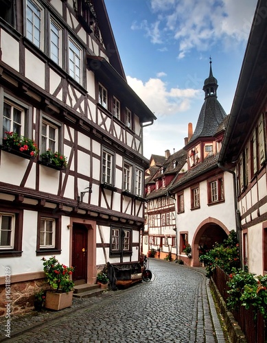 Charming European alleyway with half-timbered houses