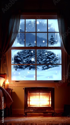 Snow falling outside a cozy home window with frost and icicles in a winter evening scene