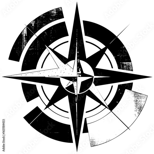 Vector Intricate black compass rose with distressed texture.
