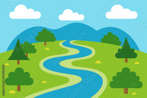 lazy river winding through lush summer landscape peaceful water