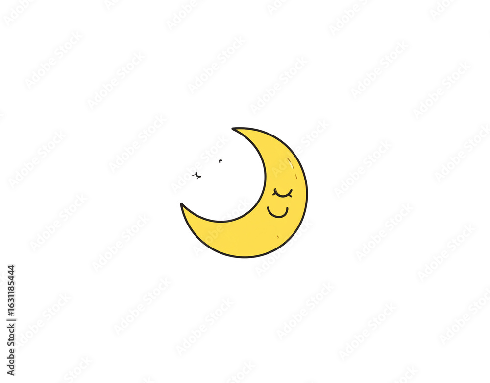 Naklejka premium Handdrawn doodle of a smiling sleeping yellow crescent moon with little stars.