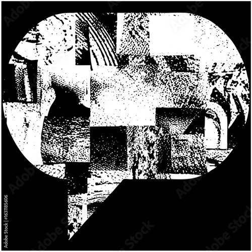 Vector Abstract speech bubble contains fragmented cityscape.