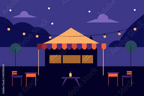 outdoor cafe with string lights at twilight