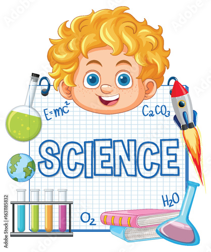 Curly Haired Child Surrounded by Science Elements Illustration