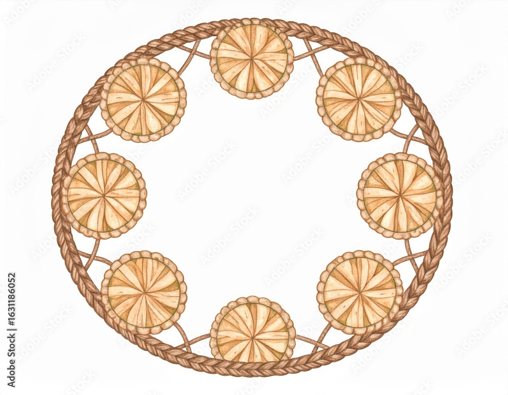 Fototapeta premium Round Woven Decorative Graphic Design with Braided Brown Border and Radial Pattern
