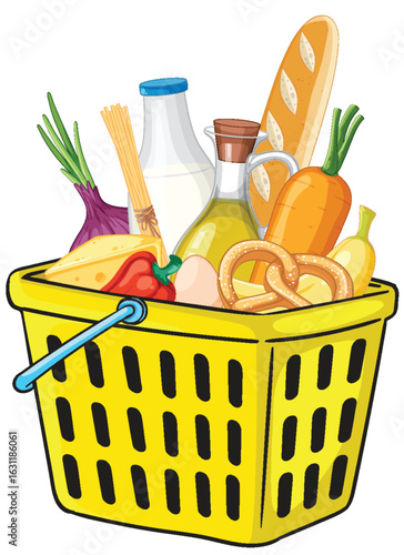 Yellow Shopping Basket Filled With Groceries and Produce