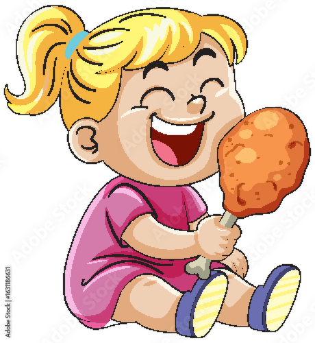 Smiling Girl Enjoying Large Fried Chicken Drumstick