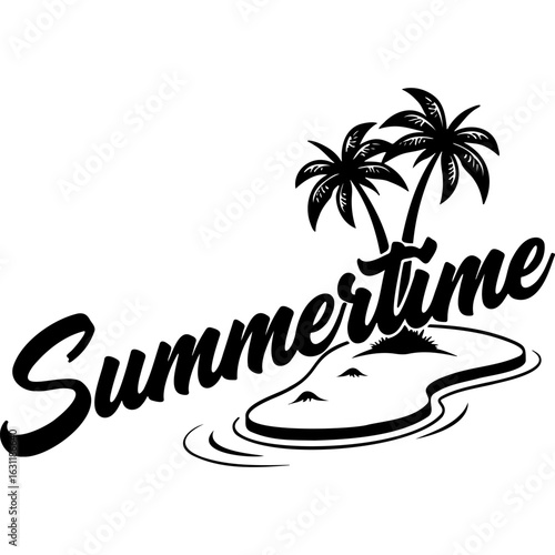 Sketchy emblem of Summertime sign and Sandy Palm Island. Engraving minimalistic vector in black ink drawing on transparent background