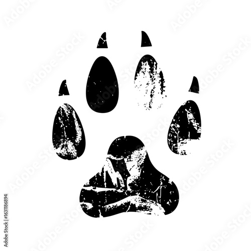 Vector Detailed black paw print with textured details.