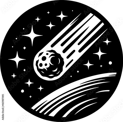 Sketchy cosmic emblem of comet flying over the surface of a planet in outer space in monochrome. Engraving minimalistic vector in black ink drawing on transparent background