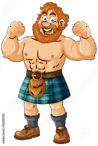 Smiling Muscular Man in Tartan Kilt Flexing Arms