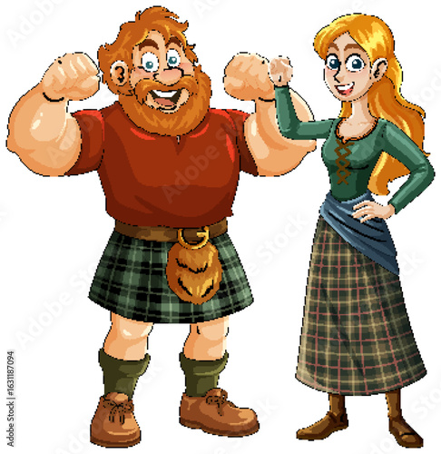 Scottish Man and Woman in Traditional Highland Attire