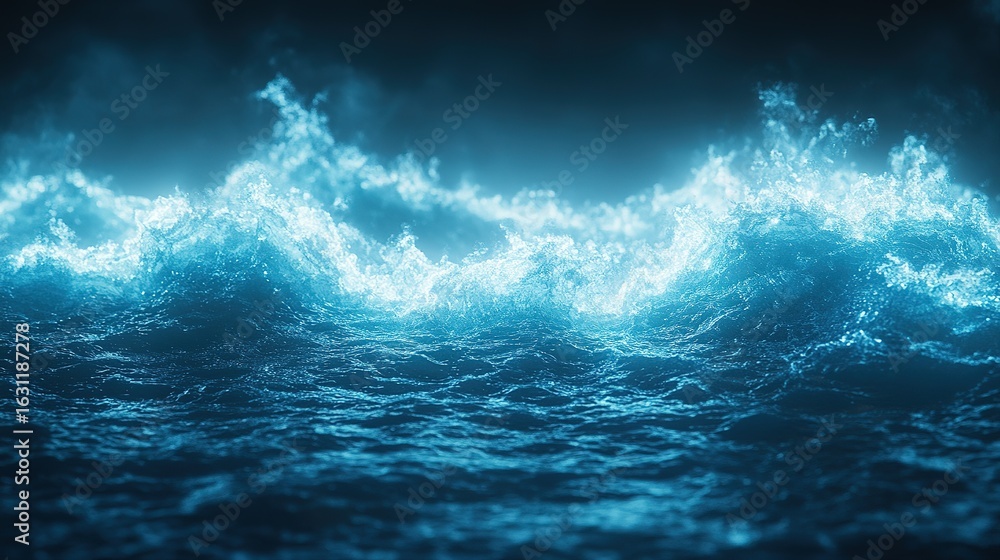 Fototapeta premium Blue ocean waves with bright light effect on top of the water.