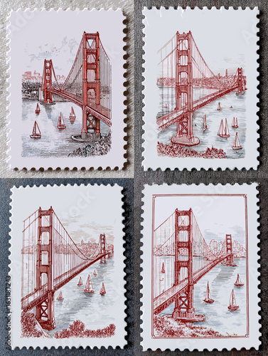 Detailed hand-drawn postage stamp illustrations of the Golden Gate Bridge with boats, inspired by vintage travel and classic American landmarks.


