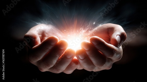 Glowing light emanates between hands, suggesting power, creation, or a magical touch on a stark, dark background