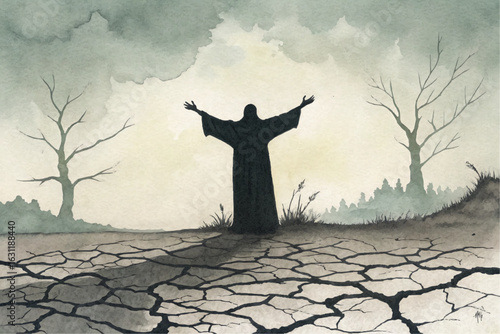 Figure in barren landscape art