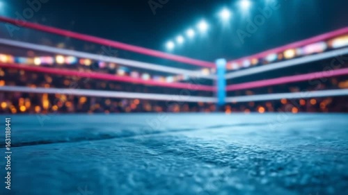 Vibrant Boxing Ring with Blue Canvas Floor Red and White Ropes Spotlights and Blurred Background in a Professional Sports Arena