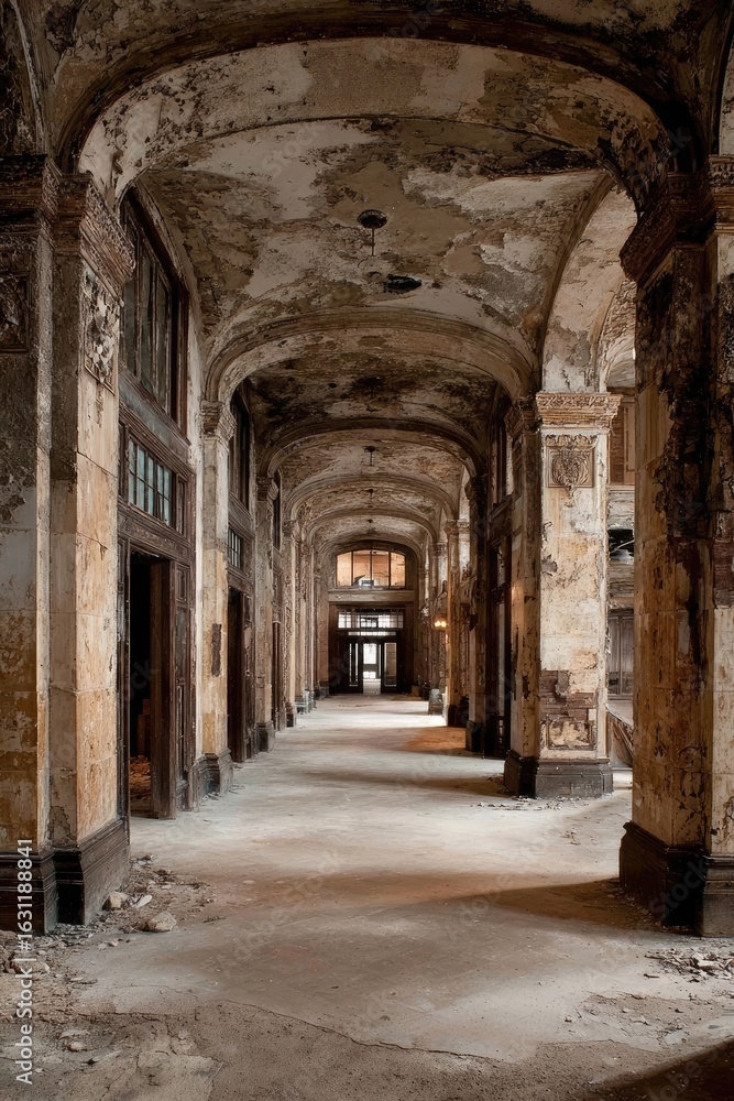 Fototapeta premium Decayed, arched hallway in abandoned building